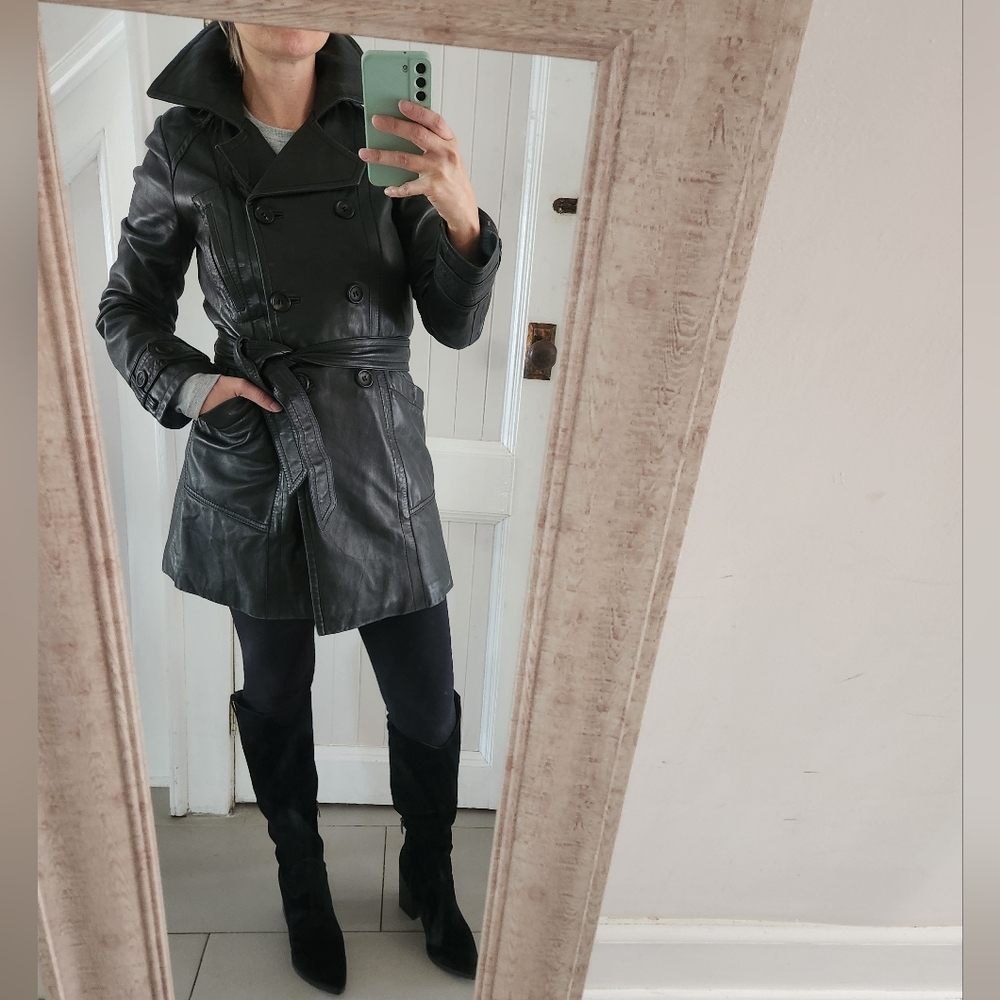 System Leather Black Double-Breasted Trench Coat. Vintage